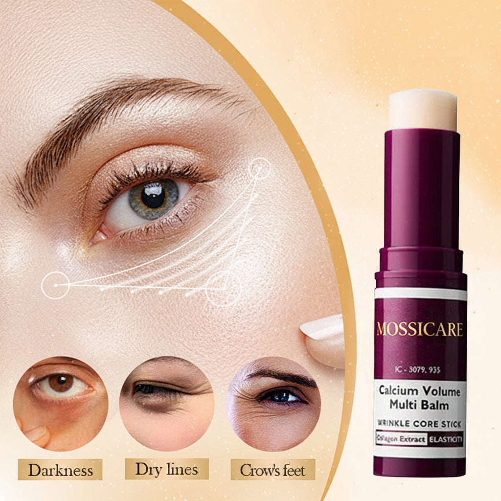 Mossicare Eye Cream Stick - Anti-Wrinkle & Firming – purple Mossicare multi balm stick beside a woman's eye with darkness, dry lines and crow's feet treatment graphics