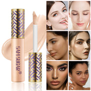 Mossicare Liquid Concealer Foundation - 6 Shades – concealer tube with gold patterned cap and applicator wand beside swatch, with close-up images of women's made-up faces