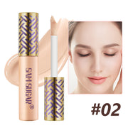 Mossicare Liquid Concealer Foundation - 6 Shades – concealer tube with gold patterned cap and applicator wand, shade #02, beside close-up of a woman's face