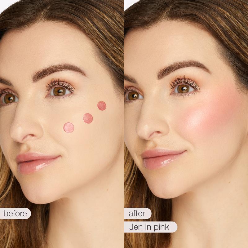 Mossicare Cream-to-Powder Blush – before and after comparison of a woman's face with Jen in pink blush application