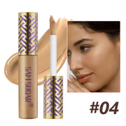 Mossicare Liquid Concealer Foundation - 6 Shades – concealer tube with gold patterned cap and applicator wand, shade #04, beside close-up of a woman's face