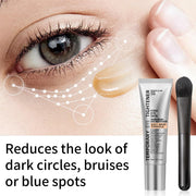 Mossicare Instant Firming Eye Cream – close-up of an eye with reduces dark circles claim, silver Temporary Eye Tightener tube and applicator brush