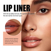 Mossicare Waterproof Long-Wear Lip Liner – Lip Liner graphic with lip safety formula and plump lip close-ups, hyaluronic acid and vitamin E claims