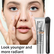 Mossicare Instant Firming Eye Cream – look younger and more radiant graphic with woman applying product under eyes, silver Temporary Eye Tightener tube and applicator brush