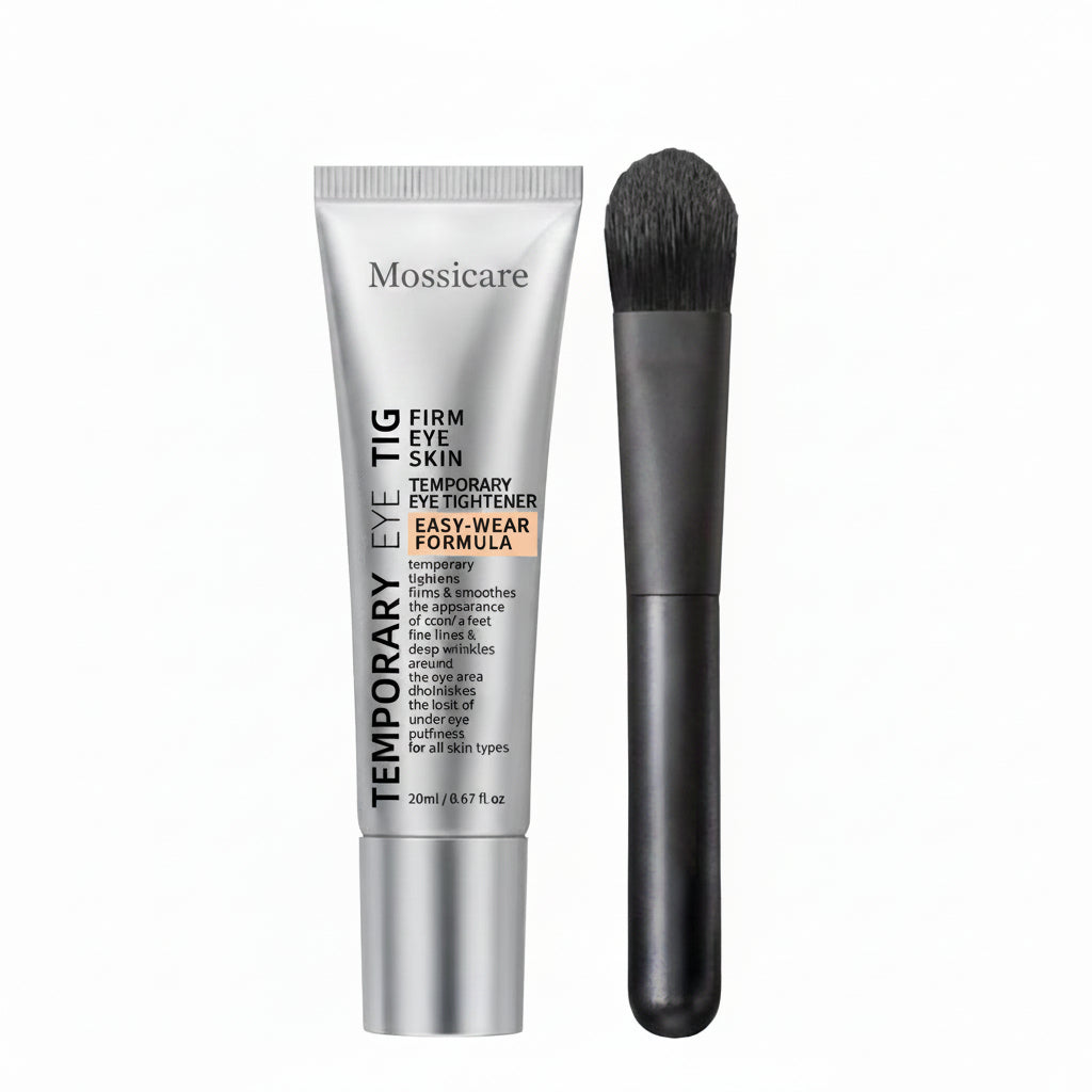 Mossicare Instant Firming Eye Cream – white Mossicare Temporary Eye Tightener tube with black applicator brush on white background