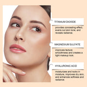 Mossicare BB Cream - Moisturizing & Sunscreen – woman's face with titanium dioxide, magnesium sulfate and hyaluronic acid ingredient benefits on beige background