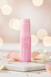 Mossicare Collagen Plumping Balm Stick – pink balm stick on marble with rose petals