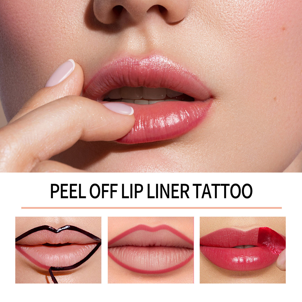 Mossicare Waterproof Long-Wear Lip Liner – Peel Off Lip Liner Tattoo graphic with glossy lip close-up and three application step photos