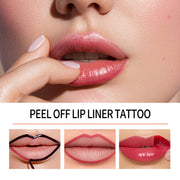 Mossicare Waterproof Long-Wear Lip Liner – Peel Off Lip Liner Tattoo graphic with glossy lip close-up and three application step photos