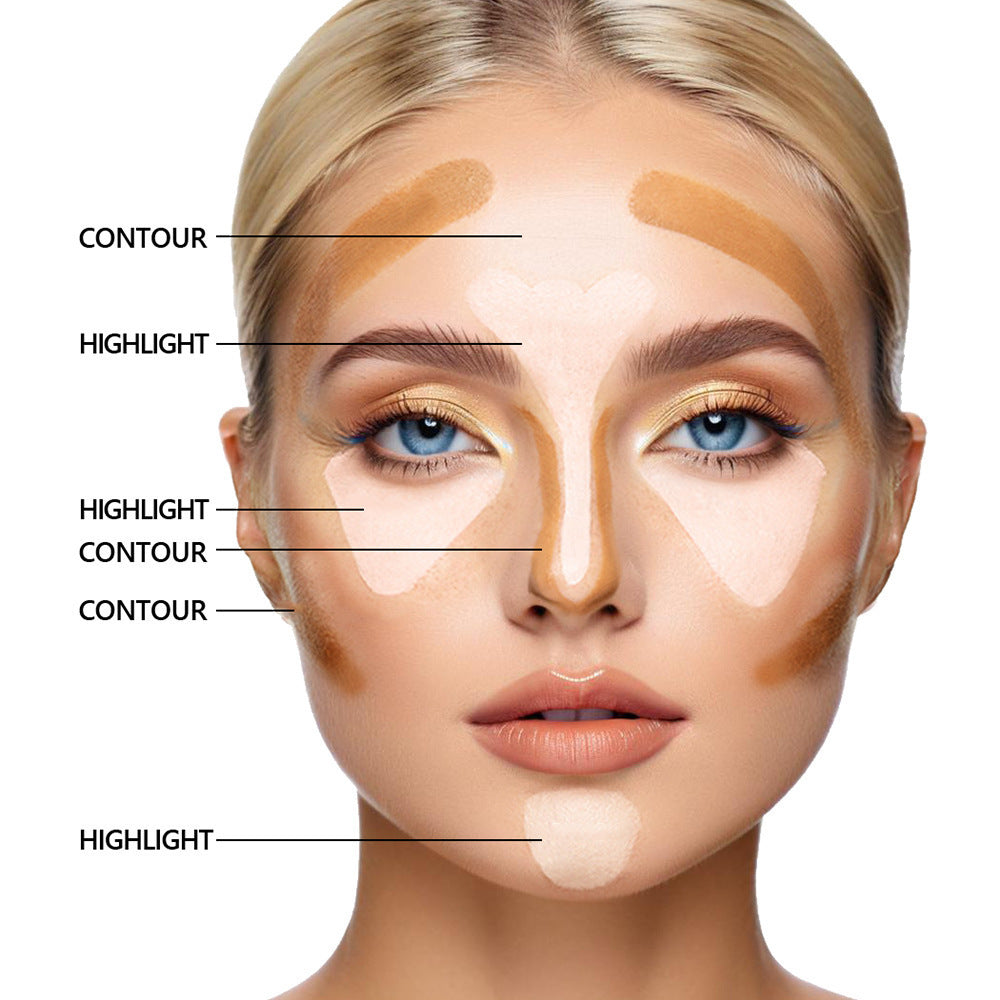 Mossicare Liquid Concealer Foundation - 6 Shades – facial diagram showing contour and highlight makeup application zones on a woman's face