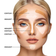 Mossicare Liquid Concealer Foundation - 6 Shades – facial diagram showing contour and highlight makeup application zones on a woman's face