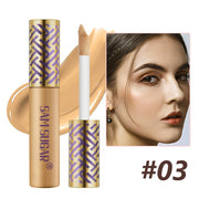 Mossicare Liquid Concealer Foundation - 6 Shades – concealer tube with gold patterned cap and applicator wand, shade #03, beside close-up of a woman's face
