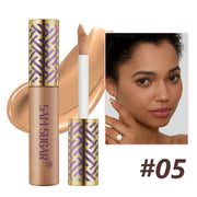 Mossicare Liquid Concealer Foundation - 6 Shades – concealer tube with gold patterned cap and applicator wand, shade #05, beside close-up of a woman's face