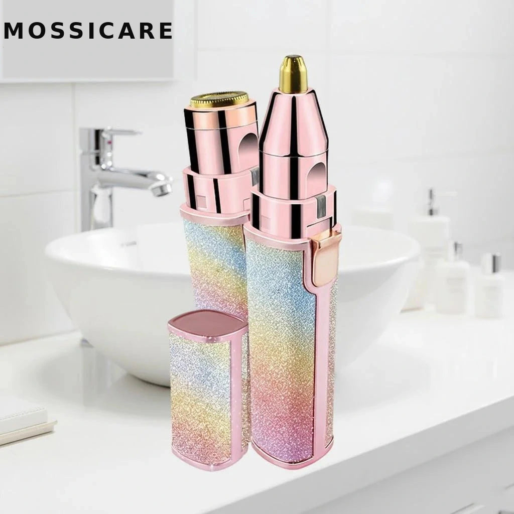 Mossicare electric eyebrow and nose trimmer set in a pink and iridescent gradient finish, displayed on a bathroom counter next to a sink.