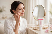 Mossicare Collagen Jelly Cream – A woman in a white robe applies cream to her cheek while looking into a round mirror. A white skincare tube with pink accents sits on the vanity table beside her.