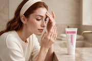 Mossicare Collagen Jelly Cream – A woman with red hair wearing a white headband applies cream to her forehead, with a tube of PDRN Collagen Jelly Cream on a marble countertop beside her.