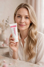 Mossicare Collagen Jelly Cream – A blonde woman in a cream-colored blouse holds up a white skincare tube with pink accents, set against a soft, warm, and blurred indoor background.