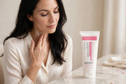 Mossicare Collagen Jelly Cream – A woman with dark hair wearing a cream satin shirt applies cream to her neck, with a white tube of cream on a marble counter beside her.