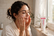 Mossicare Collagen Jelly Cream – A woman in a white robe applies cream to her face while looking at a skincare tube on a windowsill in a bright bathroom.