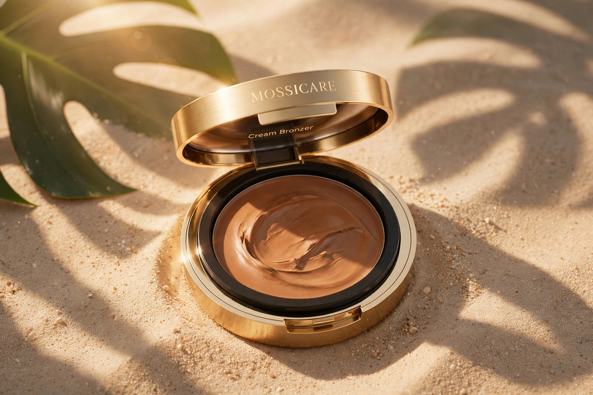 Mossicare Cream Bronzer — open gold compact with light brown makeup, styled on sandy ground, hero shot
