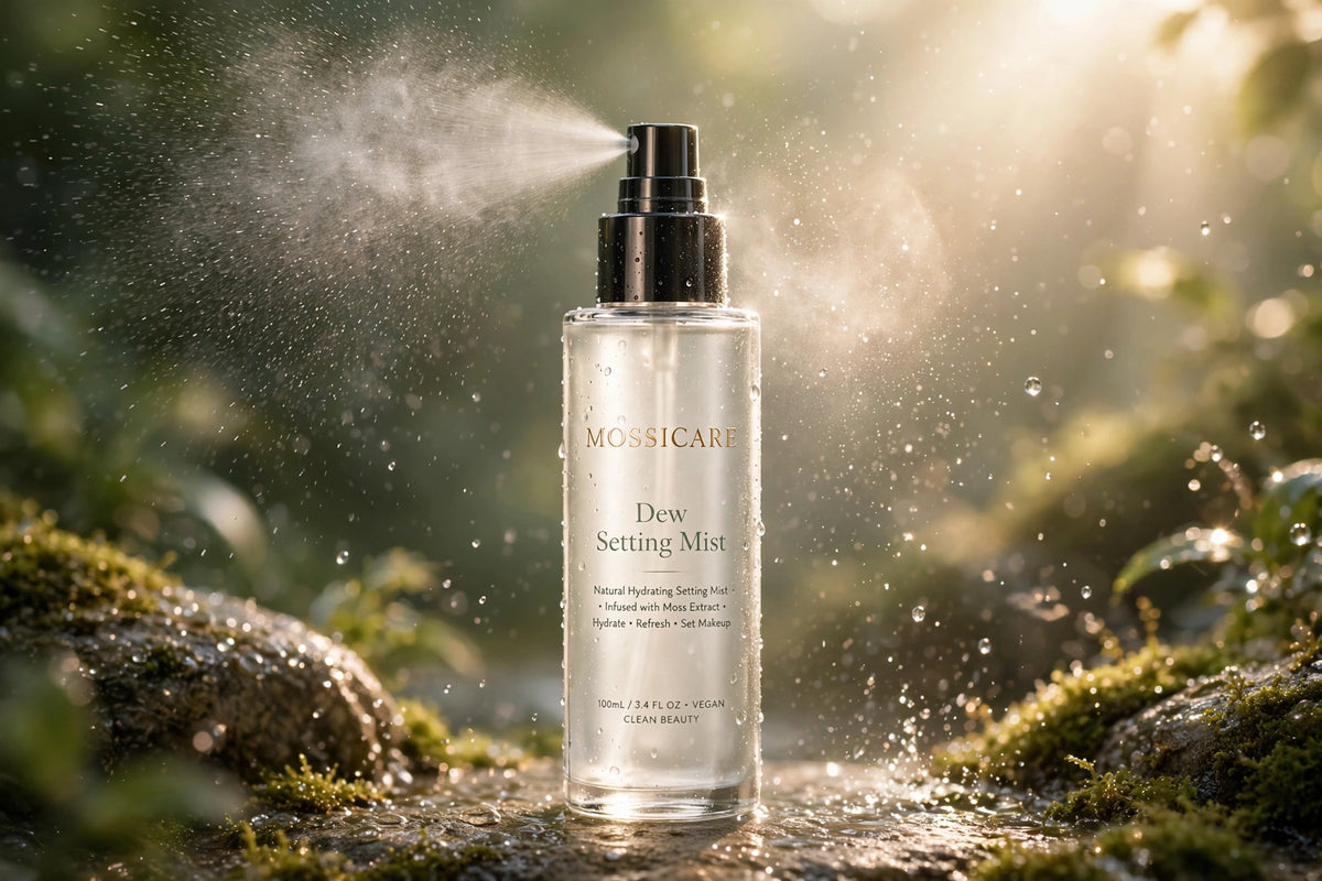 Mossicare Dew Setting Mist — front product shot of the spray bottle standing on a mossy rock with water mist spraying from the nozzle