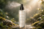 Mossicare Dew Setting Mist — front product shot of the spray bottle standing on a mossy rock with water mist spraying from the nozzle