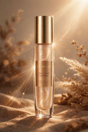 Mossicare Dewy Liquid Highlighter — clear glass bottle with metallic gold cap, front product shot