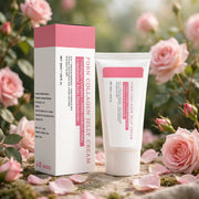 Mossicare Collagen Jelly Cream – A tube and box of PDRN Collagen Jelly Cream are displayed on a stone surface surrounded by pink roses and petals. The packaging is white with a pink top and pink text, and the tube has a pink label block.