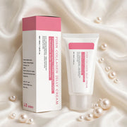 Mossicare Collagen Jelly Cream – A cosmetic product shown with its retail box and squeeze tube on draped cream satin fabric with scattered pearl-like beads. The packaging is white with a pink top panel and pink text reading 'FERN COLLAGEN JELLY CREAM' and 'FERN COLLAGEN FLEX CREAM.