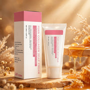 Mossicare Collagen Jelly Cream – A tube and box of PDRN Collagen Jelly Cream are displayed on a wooden surface with honey dripping nearby, set against a warm golden background.