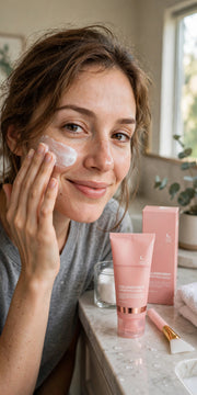 Mossicare Collagen Night Wrapping Mask – woman in a bathroom applying white cream to her cheek, with the pink tube, matching pink box, and pink-handled applicator brush on the marble counter beside her