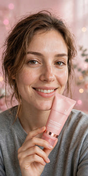 Mossicare Collagen Night Wrapping Mask – smiling woman with bare skin holding a pink cosmetic tube against her cheek, soft pink bokeh background; tube has gold text and a metallic gold cap