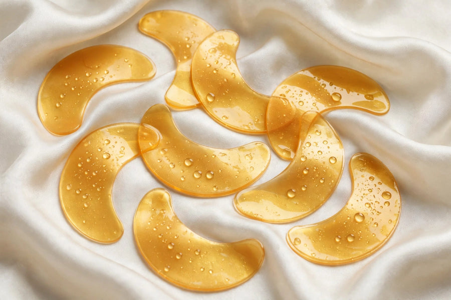 Mossicare Hydrogel Undereye Patches – golden hydrogel patches on white silk